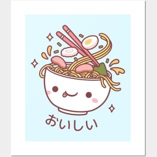 Cute Oishii Japanese Ramen Noodles Spilling Toppings Posters and Art